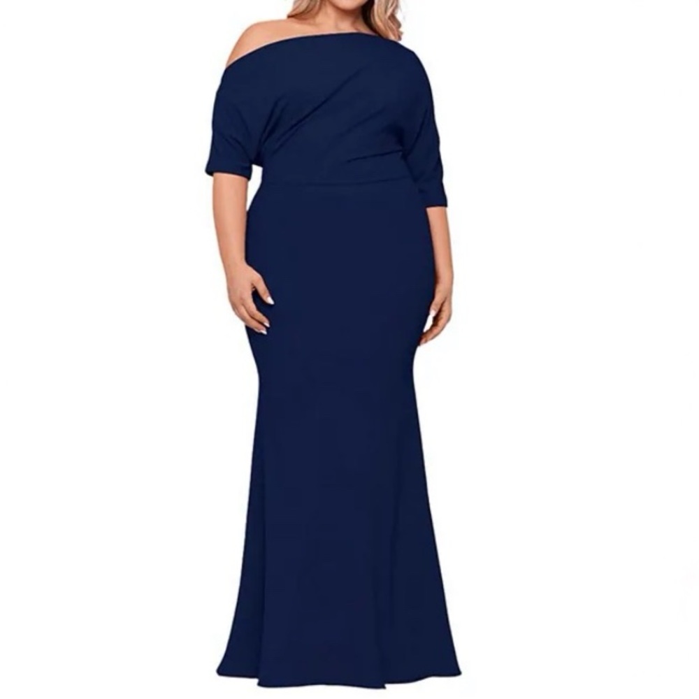 New Betsy & Adam Madeline Long Scuba Crepe Off the Shoulder Drop Dress Size 14W